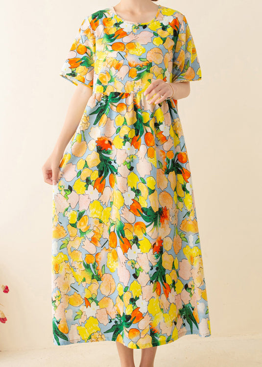 Yellow Print O-Neck Linen Tunic Dress