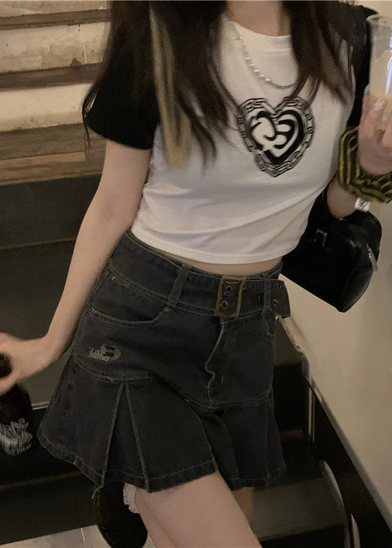 Black Grey High Waist Patchwork Pleated Skirt