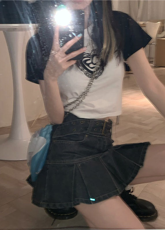 Black Grey High Waist Patchwork Pleated Skirt