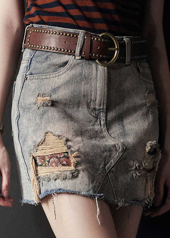 Grey High Waist Tassel Ripped Denim Skirt