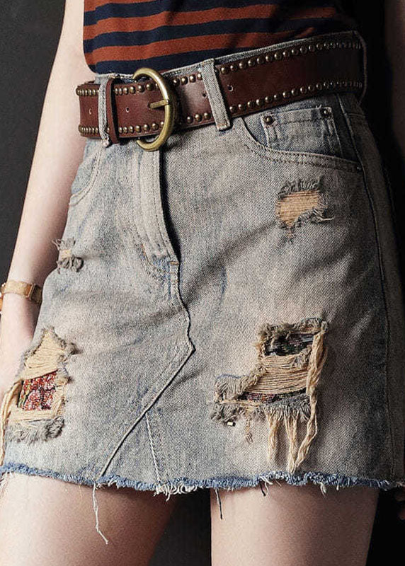 Grey High Waist Tassel Ripped Denim Skirt