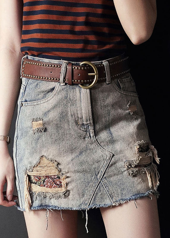 Grey High Waist Tassel Ripped Denim Skirt