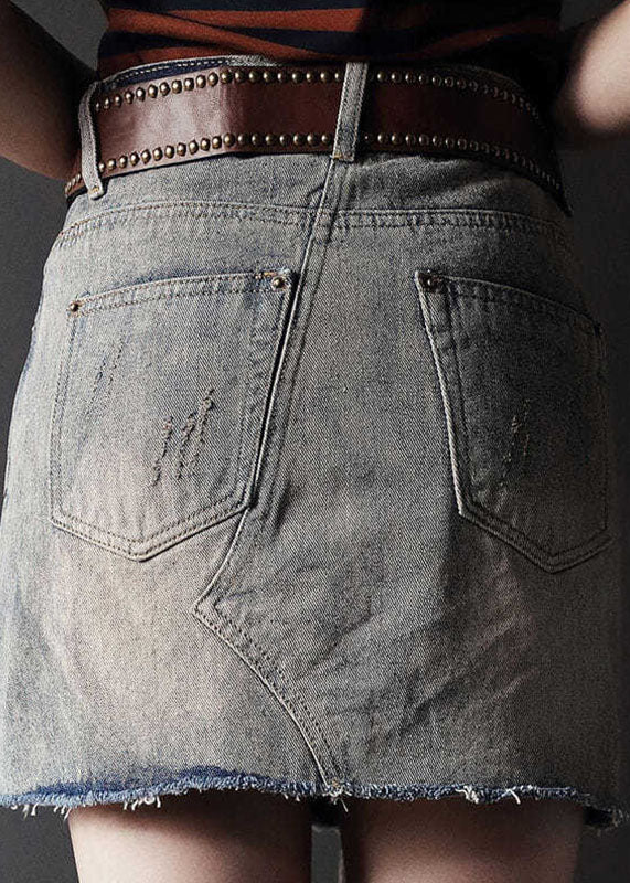 Grey High Waist Tassel Ripped Denim Skirt