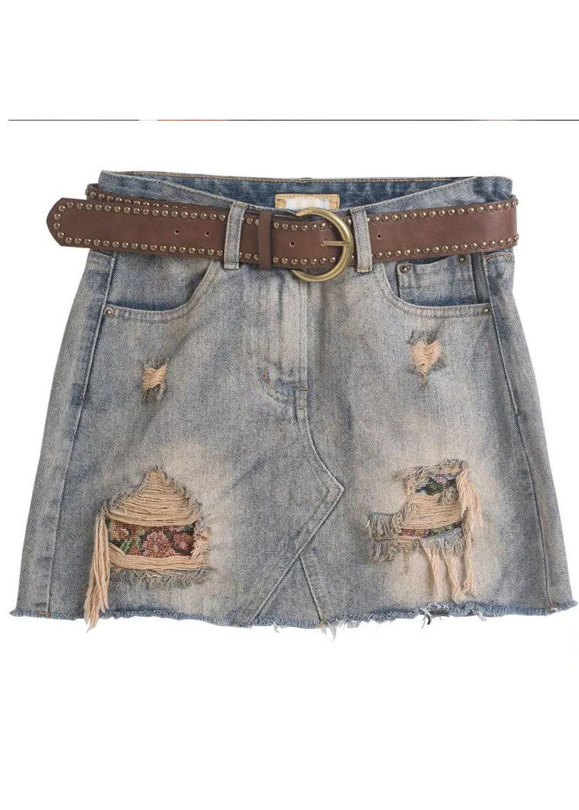 Grey High Waist Tassel Ripped Denim Skirt
