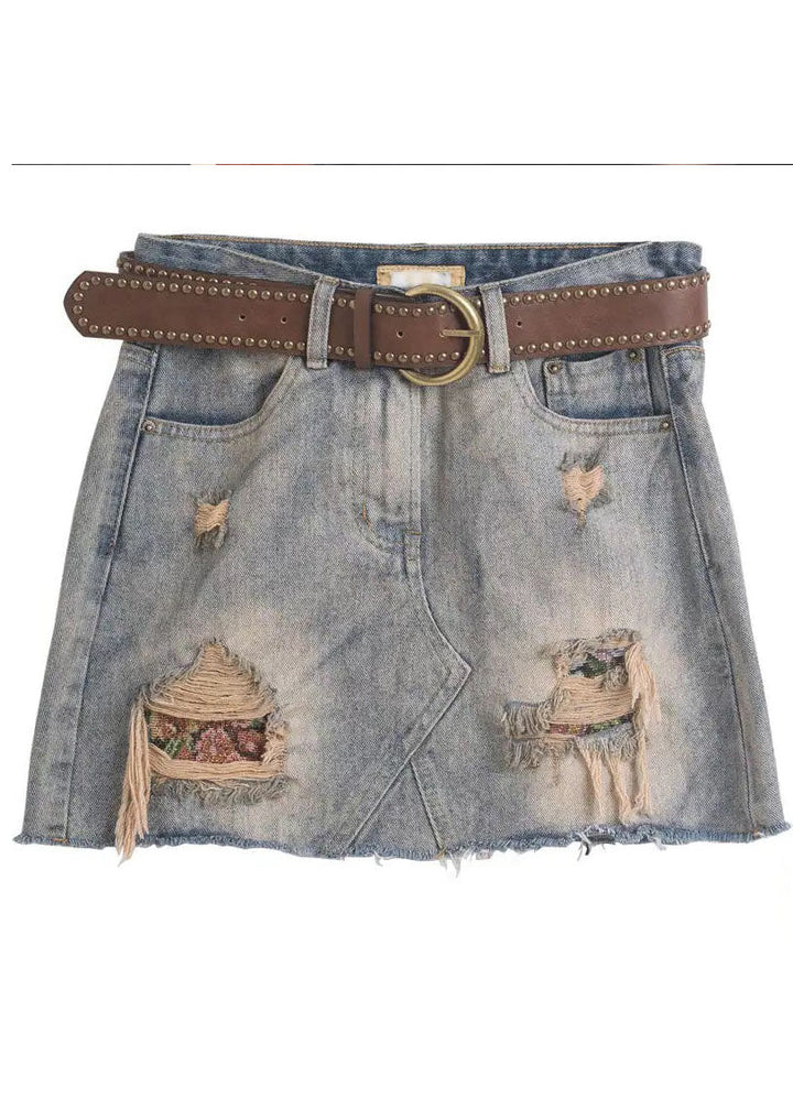 Grey High Waist Tassel Ripped Denim Skirt