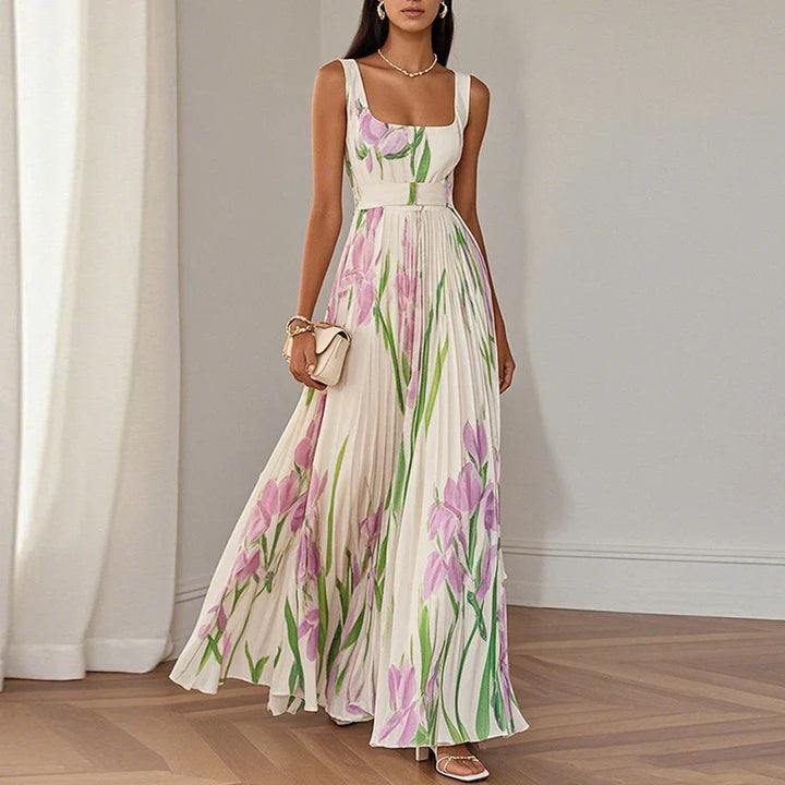 LYRA | Elegant Maxi Floral Dress with Flattering Pleated Silhouette