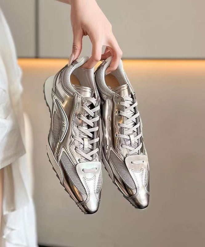 Silver Faux Leather Lace Up Splicing Fashion Sport Shoes Pointed Toe
