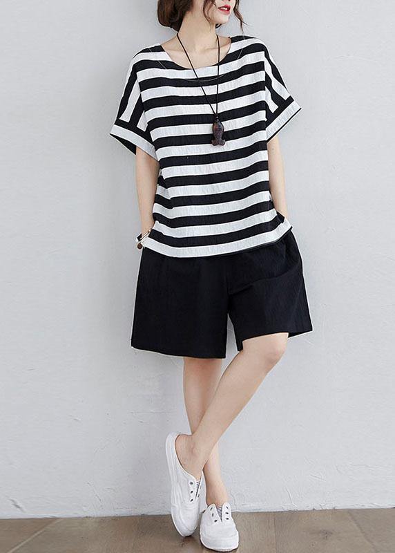 Simple black-and-white striped, side-open two-piece set made of summer cotton