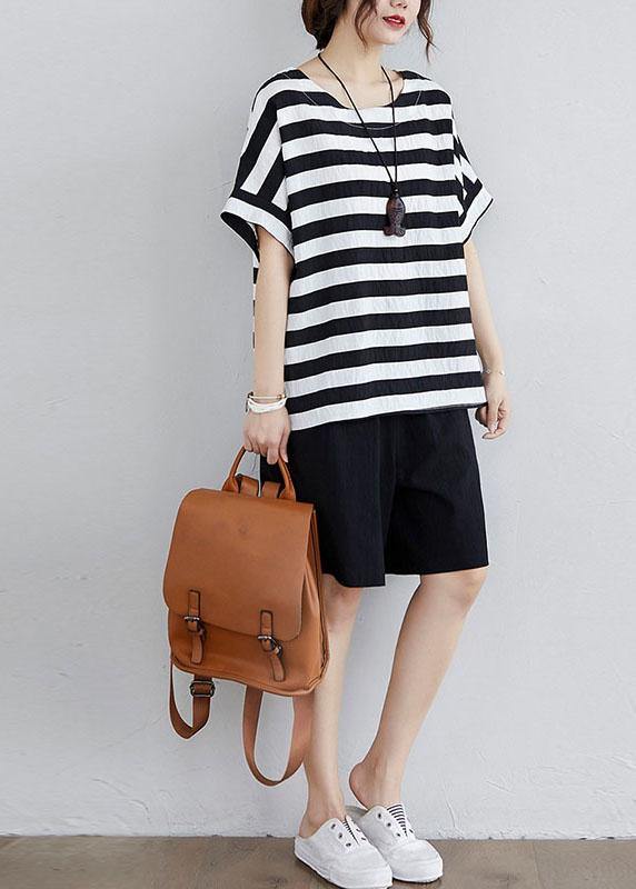 Simple black-and-white striped, side-open two-piece set made of summer cotton