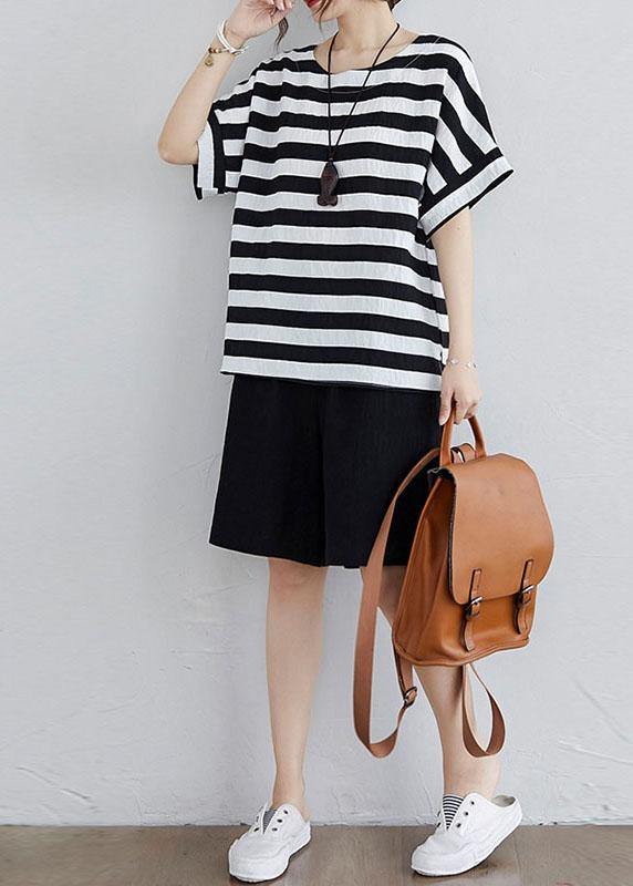 Simple black-and-white striped, side-open two-piece set made of summer cotton