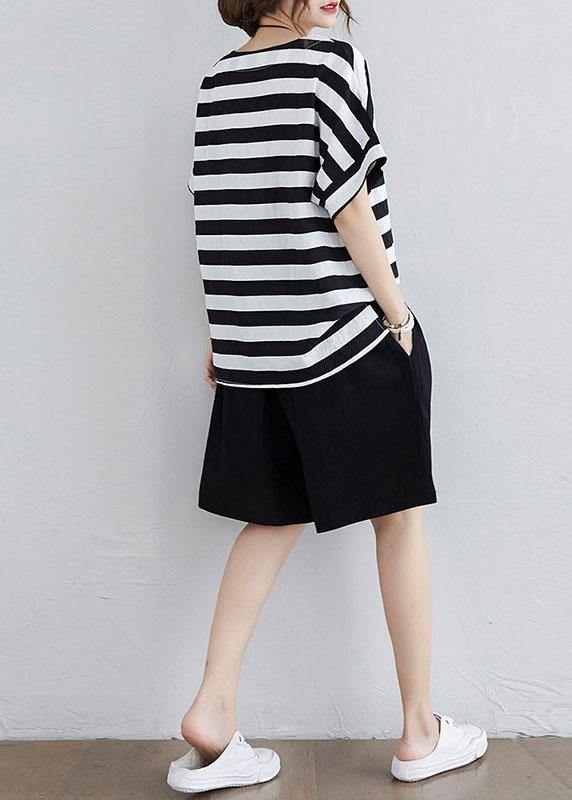Simple black-and-white striped, side-open two-piece set made of summer cotton
