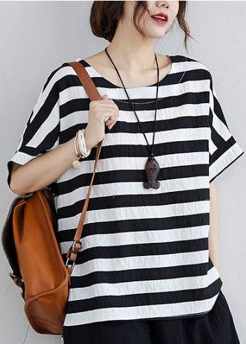 Simple black-and-white striped, side-open two-piece set made of summer cotton