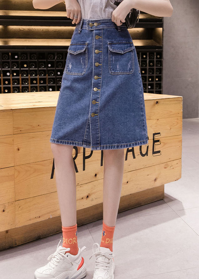Blue Button Pocket Wrap Denim Skirt