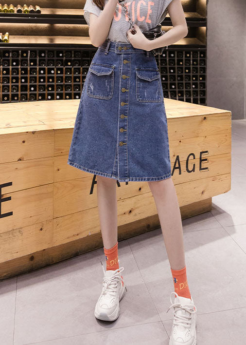 Blue Button Pocket Wrap Denim Skirt