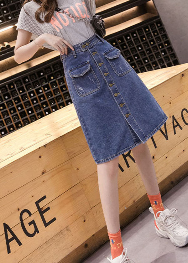 Blue Button Pocket Wrap Denim Skirt