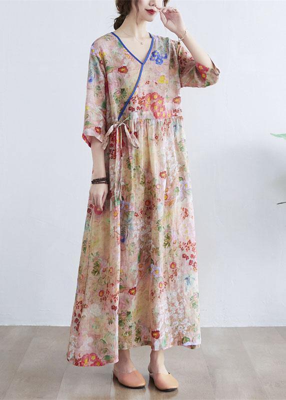 Simple Print V-Neck Floral Summer Tie Waist Long Dresses Half Sleeves