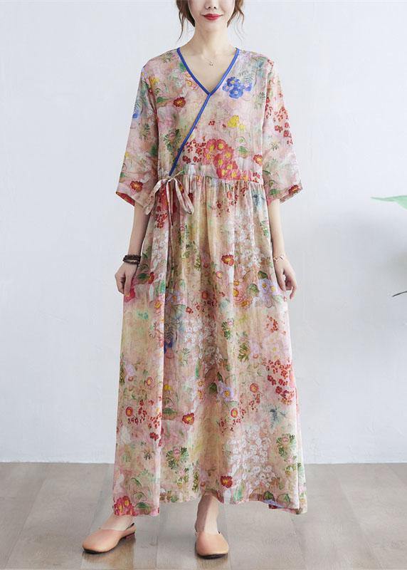 Simple Print V-Neck Floral Summer Tie Waist Long Dresses Half Sleeves
