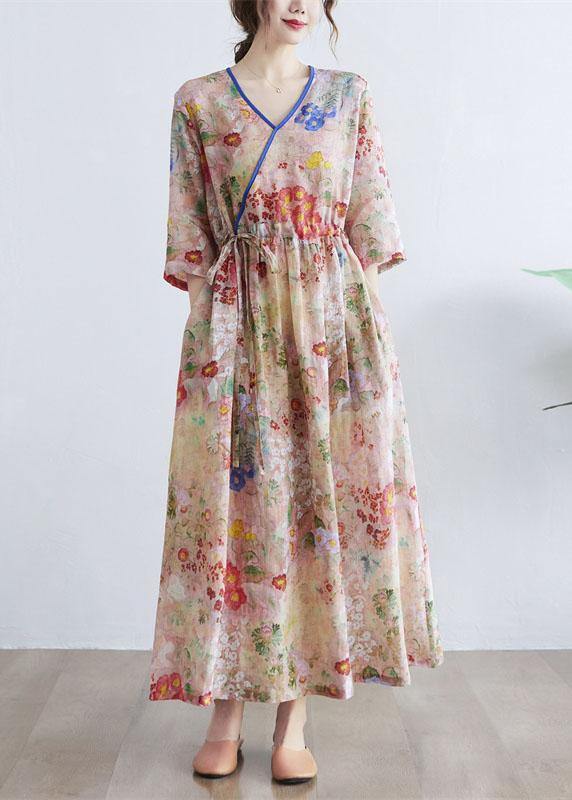 Simple Print V-Neck Floral Summer Tie Waist Long Dresses Half Sleeves