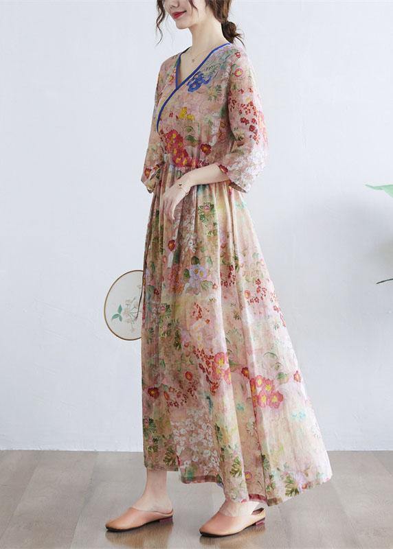 Simple Print V-Neck Floral Summer Tie Waist Long Dresses Half Sleeves
