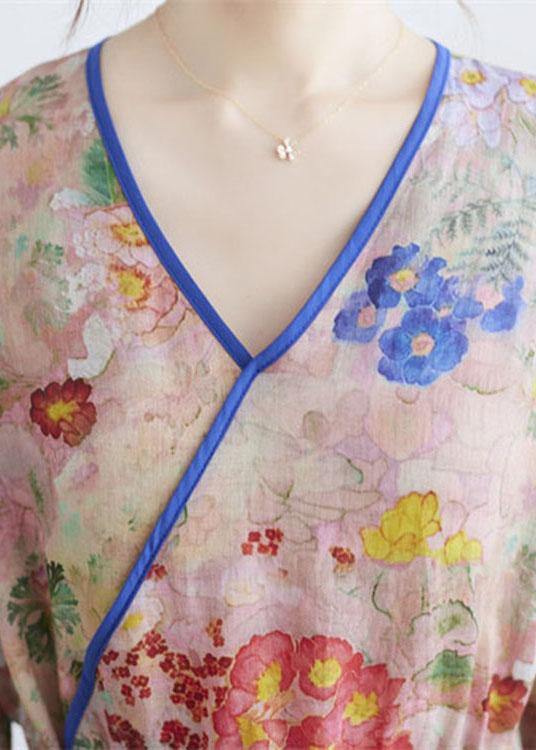 Simple Print V-Neck Floral Summer Tie Waist Long Dresses Half Sleeves