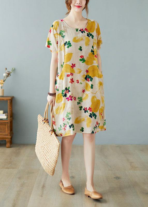 Simple Yellow Dress with O-Neck, Cotton-Linen Summer