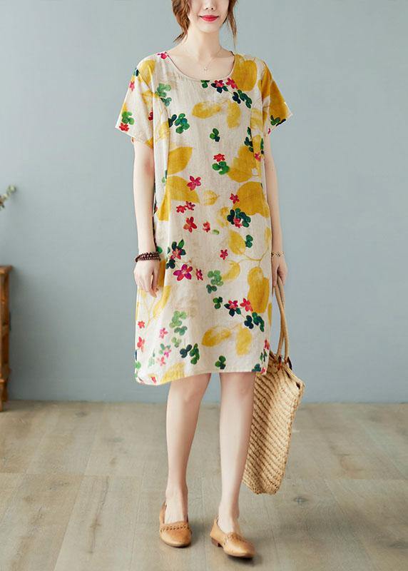 Simple Yellow Dress with O-Neck, Cotton-Linen Summer