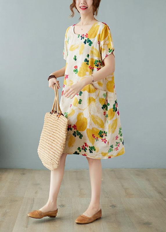 Simple Yellow Dress with O-Neck, Cotton-Linen Summer