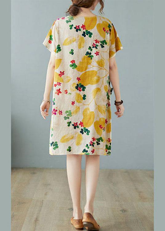 Simple Yellow Dress with O-Neck, Cotton-Linen Summer