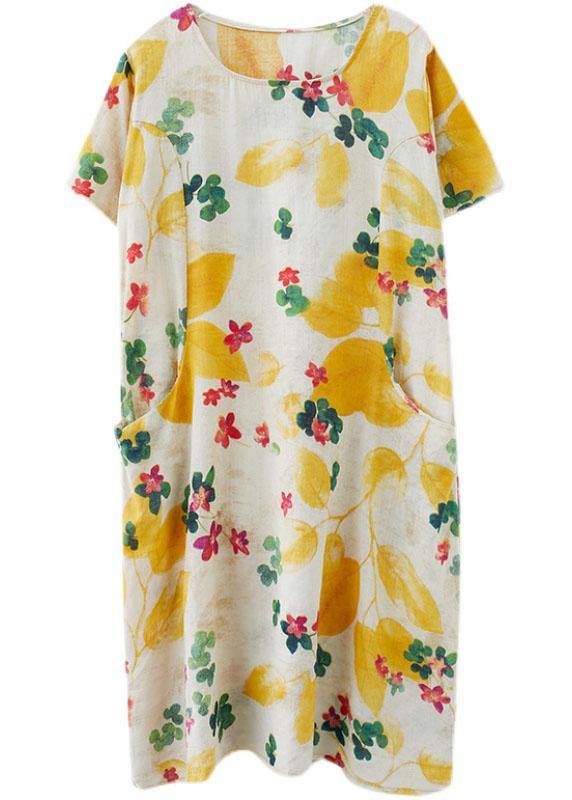 Simple Yellow Dress with O-Neck, Cotton-Linen Summer