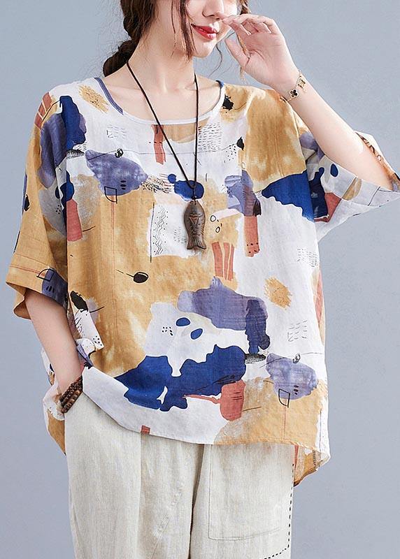 Simple, yellow, printed cotton-linen shirt top for summer