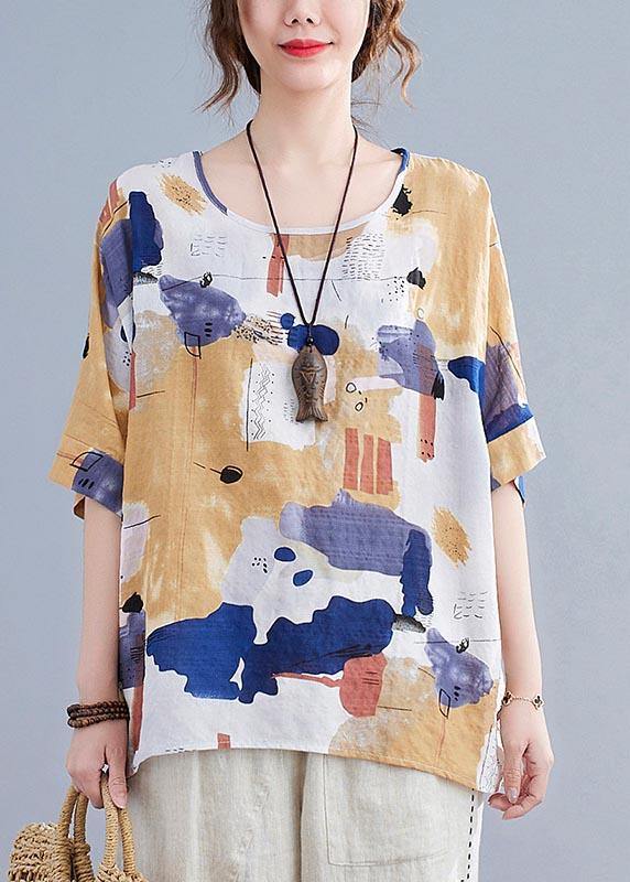 Simple, yellow, printed cotton-linen shirt top for summer