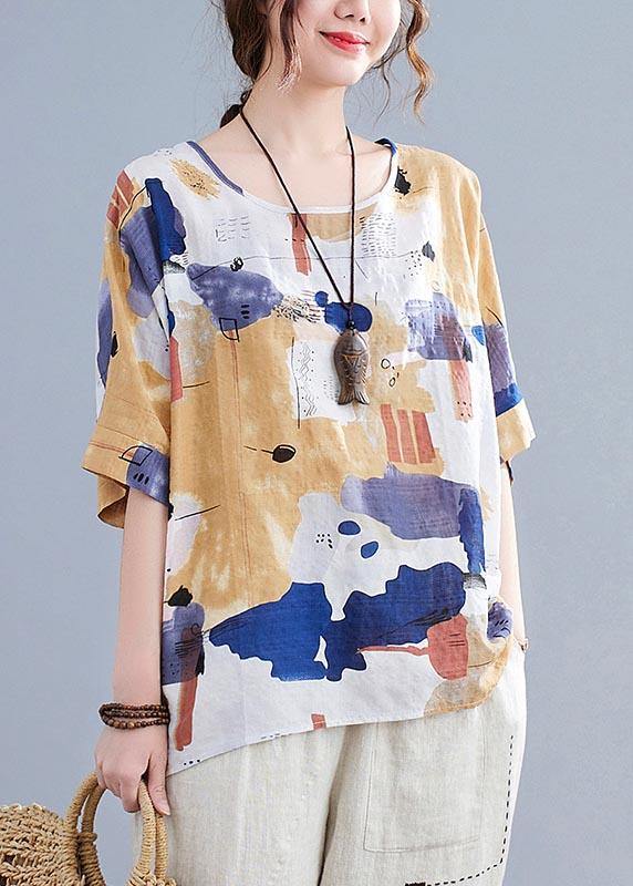 Simple, yellow, printed cotton-linen shirt top for summer