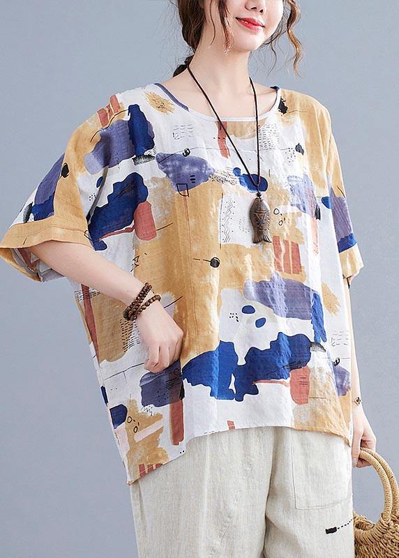 Simple, yellow, printed cotton-linen shirt top for summer