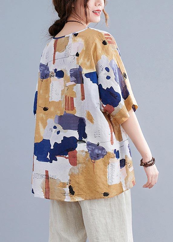Simple, yellow, printed cotton-linen shirt top for summer