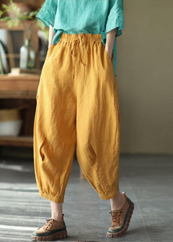 Einfache gelbe Retro-Taschen mit hoher Taille Sommerhose aus Leinen