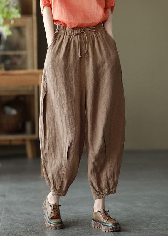 Einfache gelbe Retro-Taschen mit hoher Taille Sommerhose aus Leinen