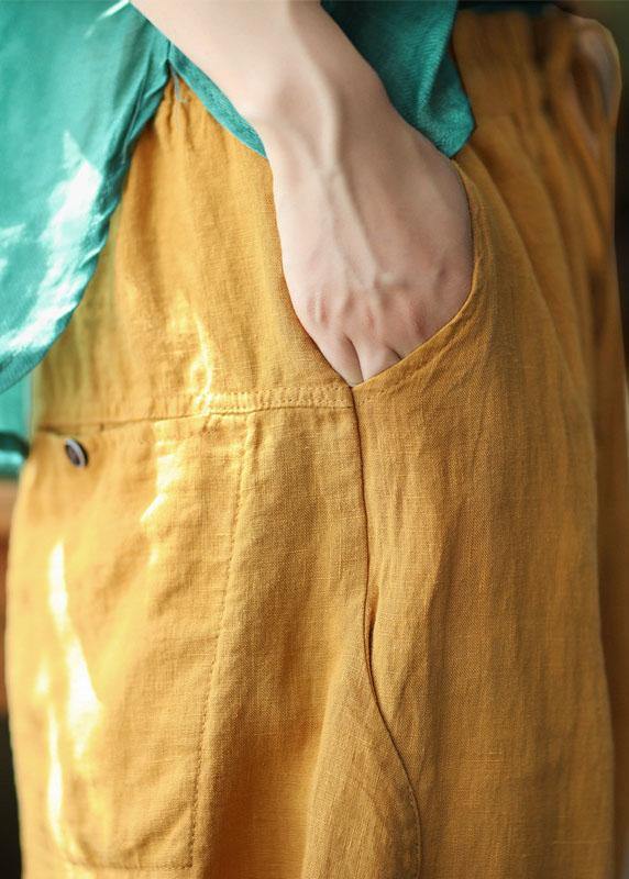 Einfache gelbe Retro-Taschen mit hoher Taille Sommerhose aus Leinen