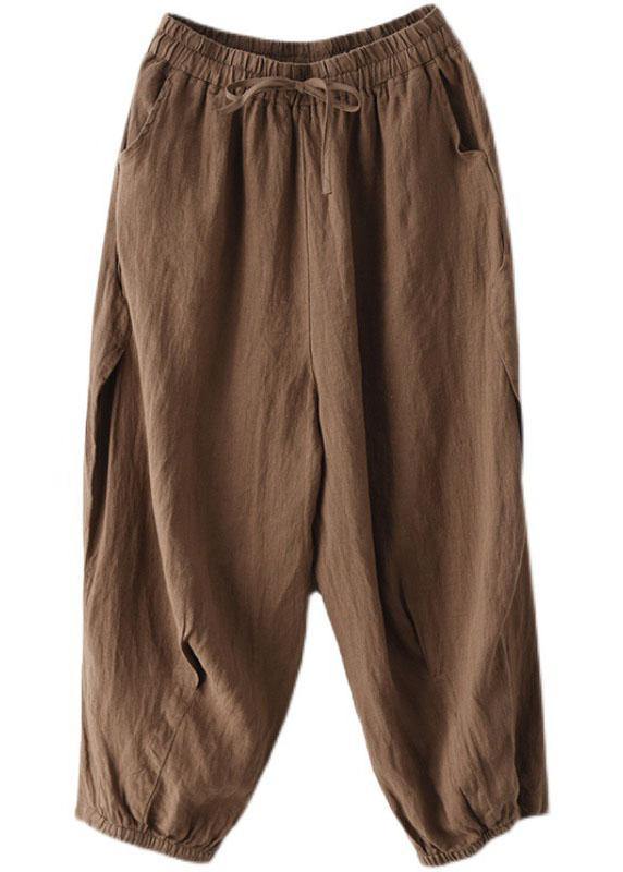 Einfache gelbe Retro-Taschen mit hoher Taille Sommerhose aus Leinen