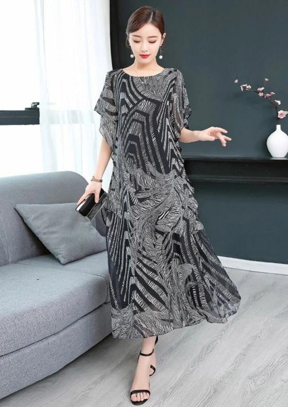 Simple O-Neck Chiffon Dress for Women Sewing Black Kaftan Dress