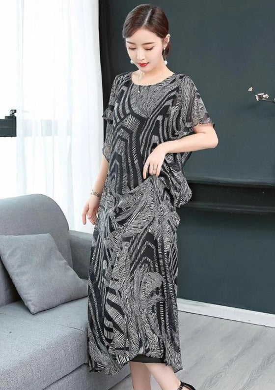 Simple O-Neck Chiffon Dress for Women Sewing Black Kaftan Dress