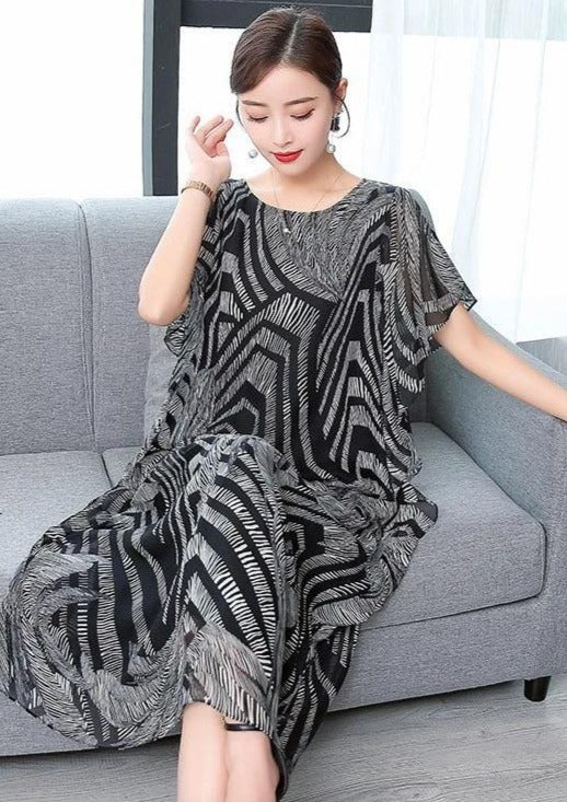 Simple O-Neck Chiffon Dress for Women Sewing Black Kaftan Dress