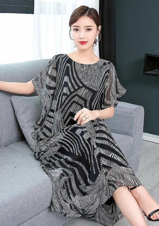 Simple O-Neck Chiffon Dress for Women Sewing Black Kaftan Dress