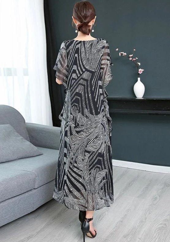 Simple O-Neck Chiffon Dress for Women Sewing Black Kaftan Dress