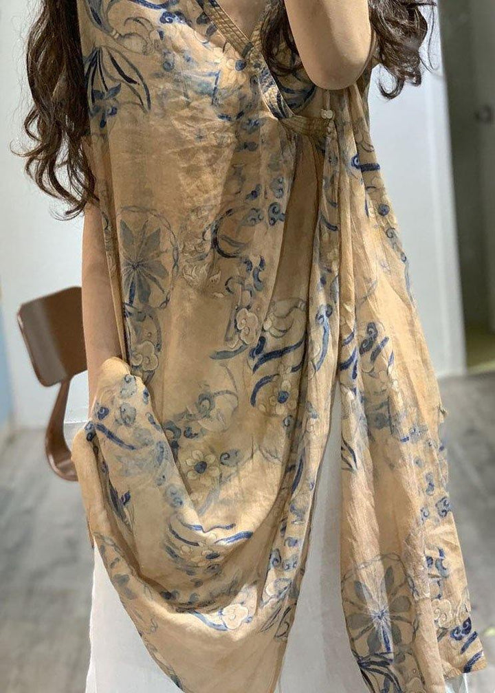 Simple V-neck Printed Linen Dress with Side Open Loose Fit