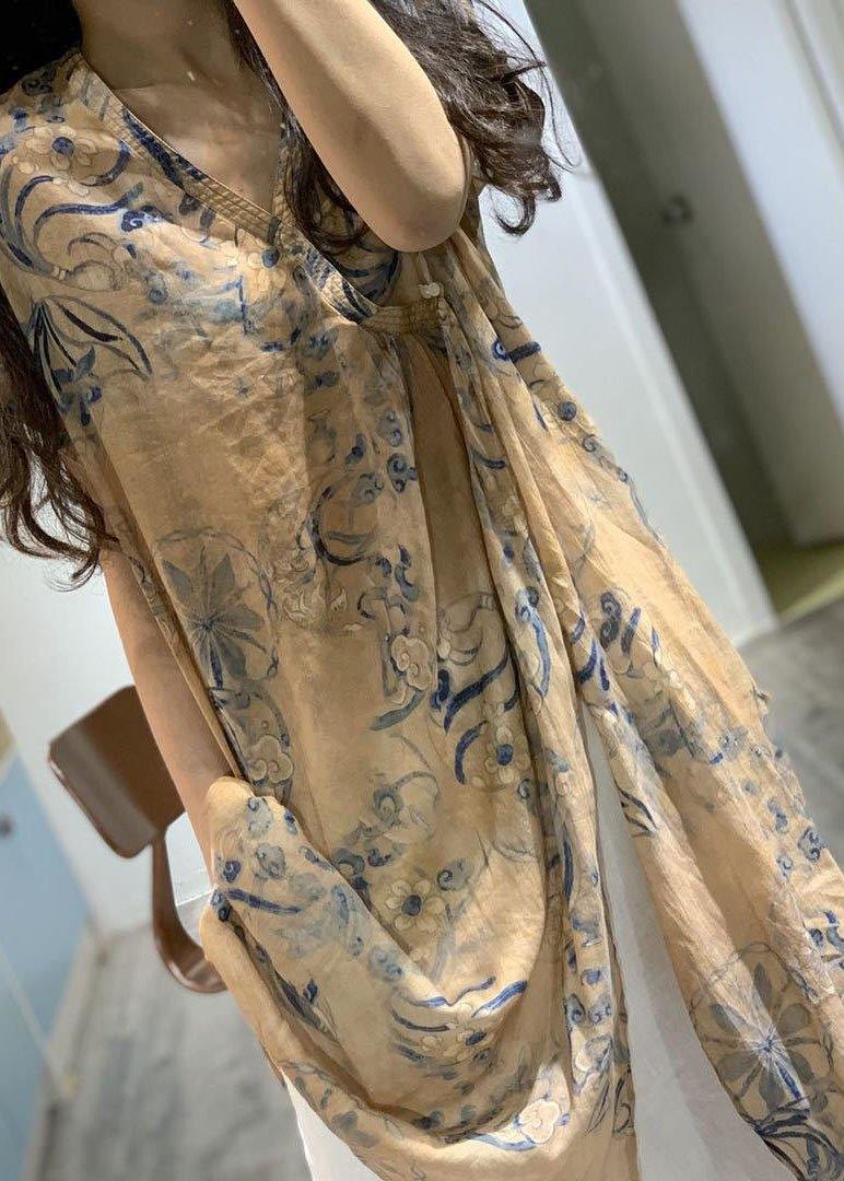 Simple V-neck Printed Linen Dress with Side Open Loose Fit