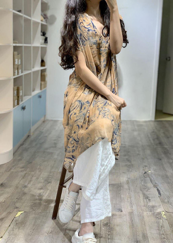 Simple V-neck Printed Linen Dress with Side Open Loose Fit