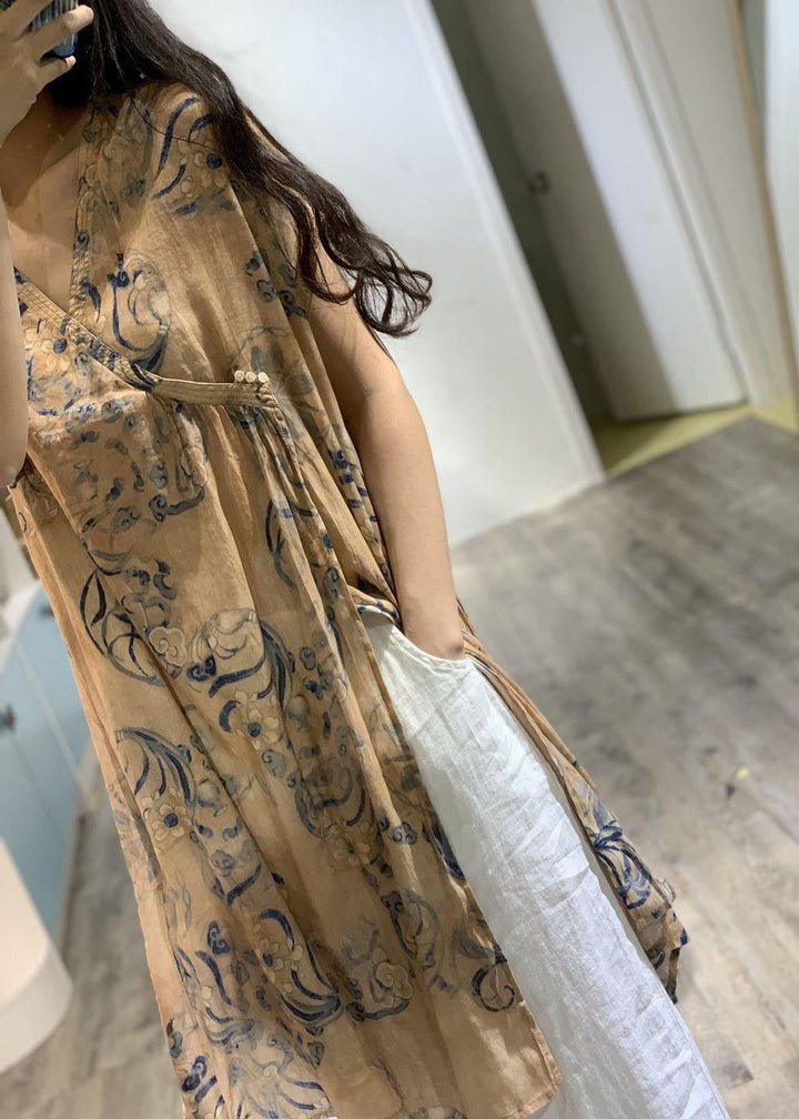Simple V-neck Printed Linen Dress with Side Open Loose Fit
