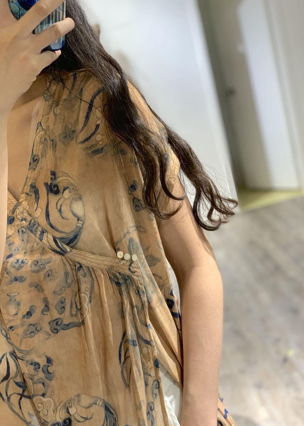 Simple V-neck Printed Linen Dress with Side Open Loose Fit