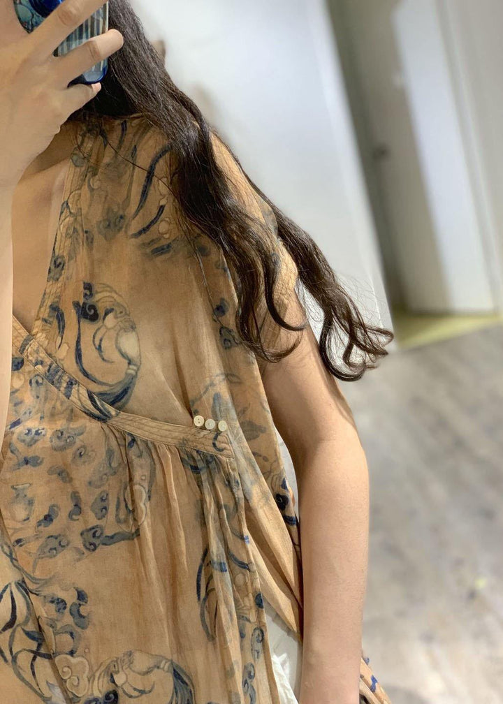 Simple V-neck Printed Linen Dress with Side Open Loose Fit