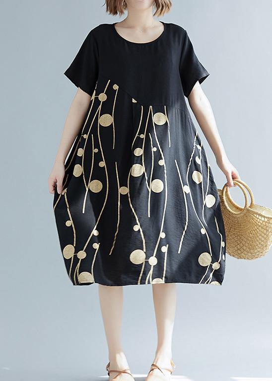 Simple tunics made of cotton-linen with white print, wild daily summer dress